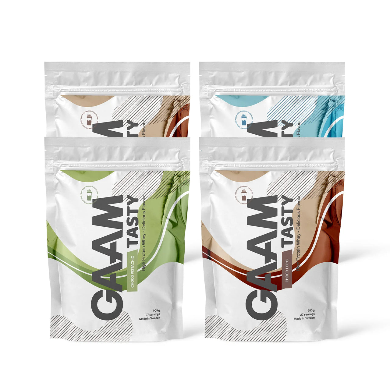 4 x GAAM Tasty Whey Proteinpulver 900 g i fyra vita påsar med färgglada vågmönster för olika smaker.