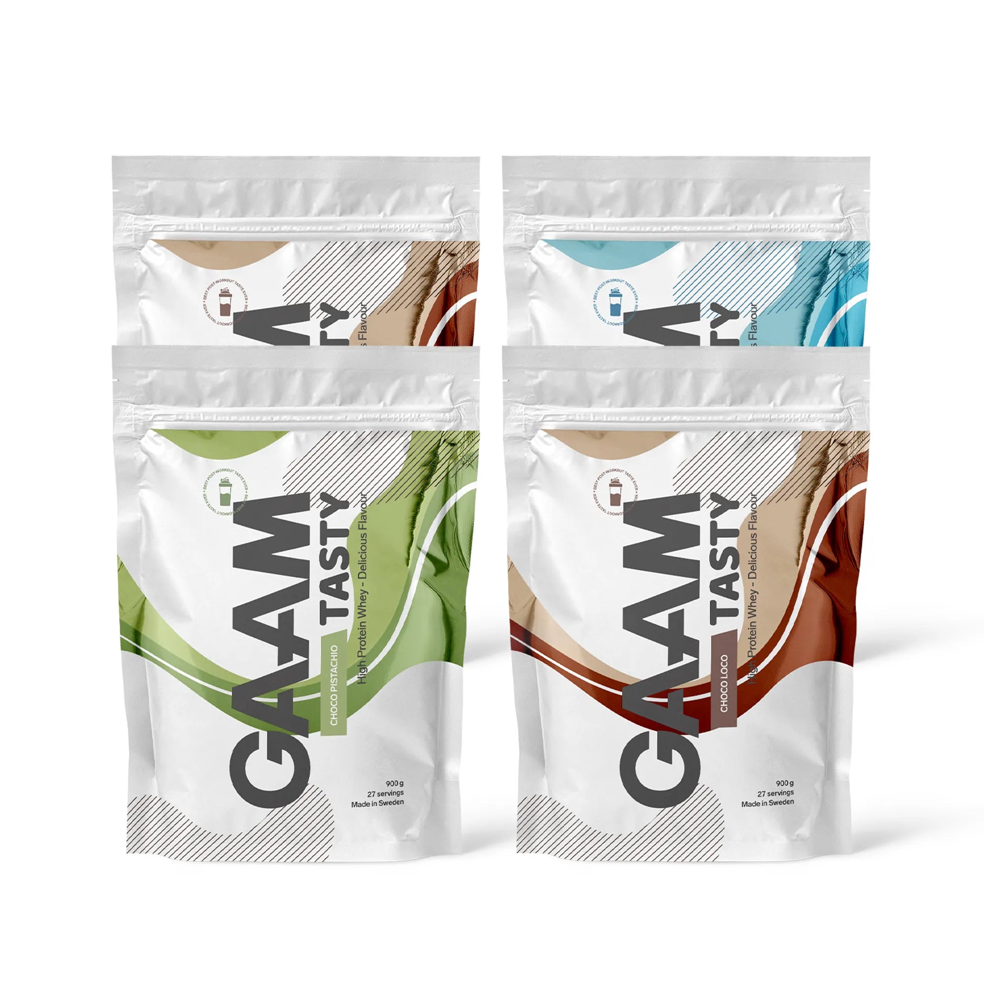 4 x GAAM Tasty Whey Proteinpulver 900 g i fyra vita påsar med färgglada vågmönster för olika smaker.