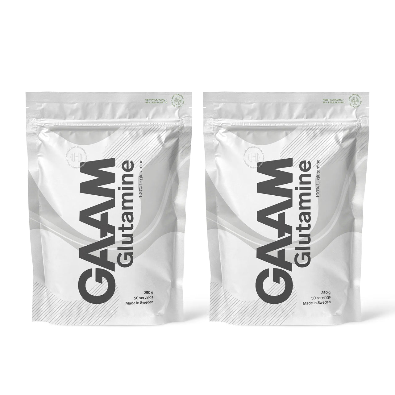 2 x GAAM Glutamine 250 g aminosyror i två vita påsar med gråa detaljer.