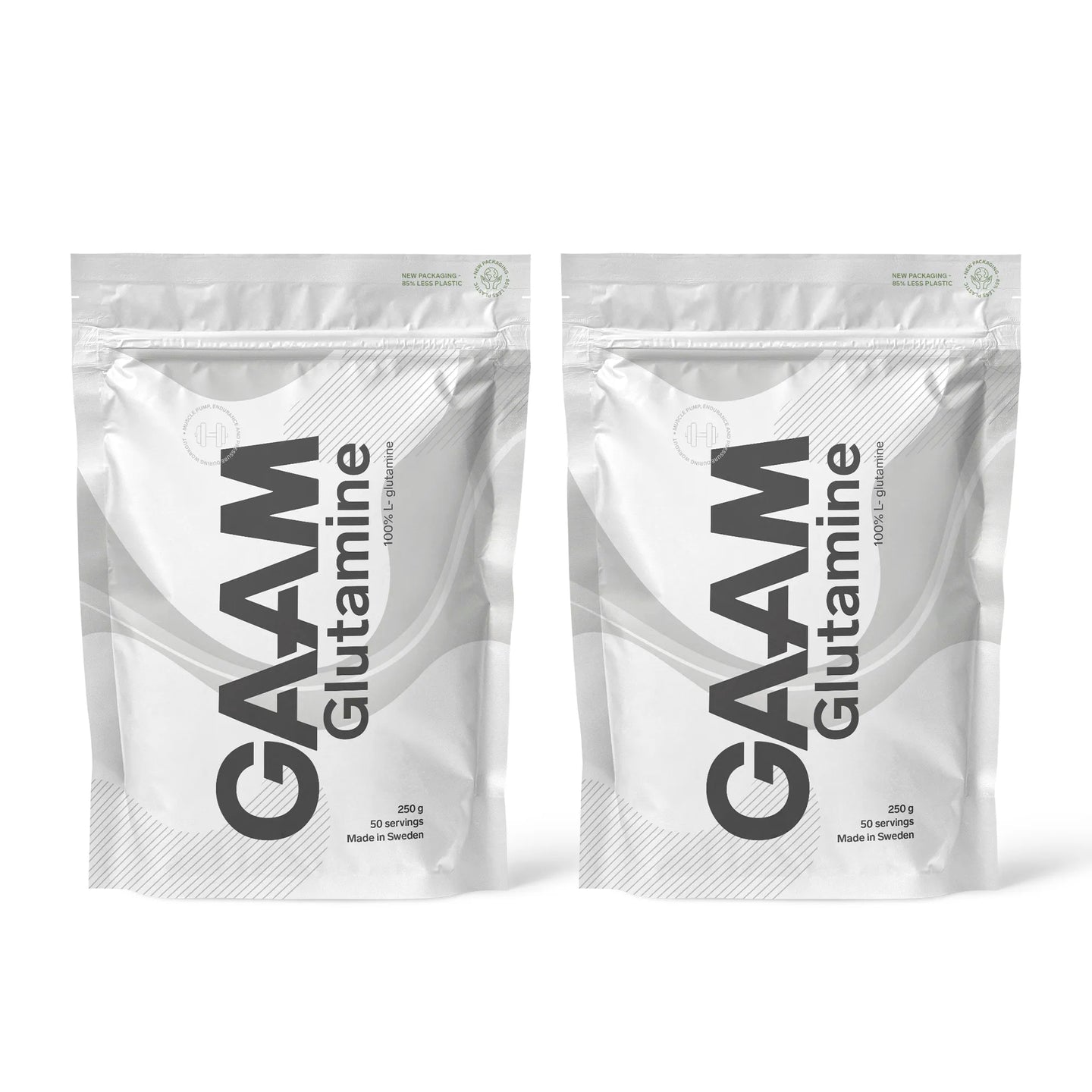 2 x GAAM Glutamine 250 g aminosyror i två vita påsar med gråa detaljer.