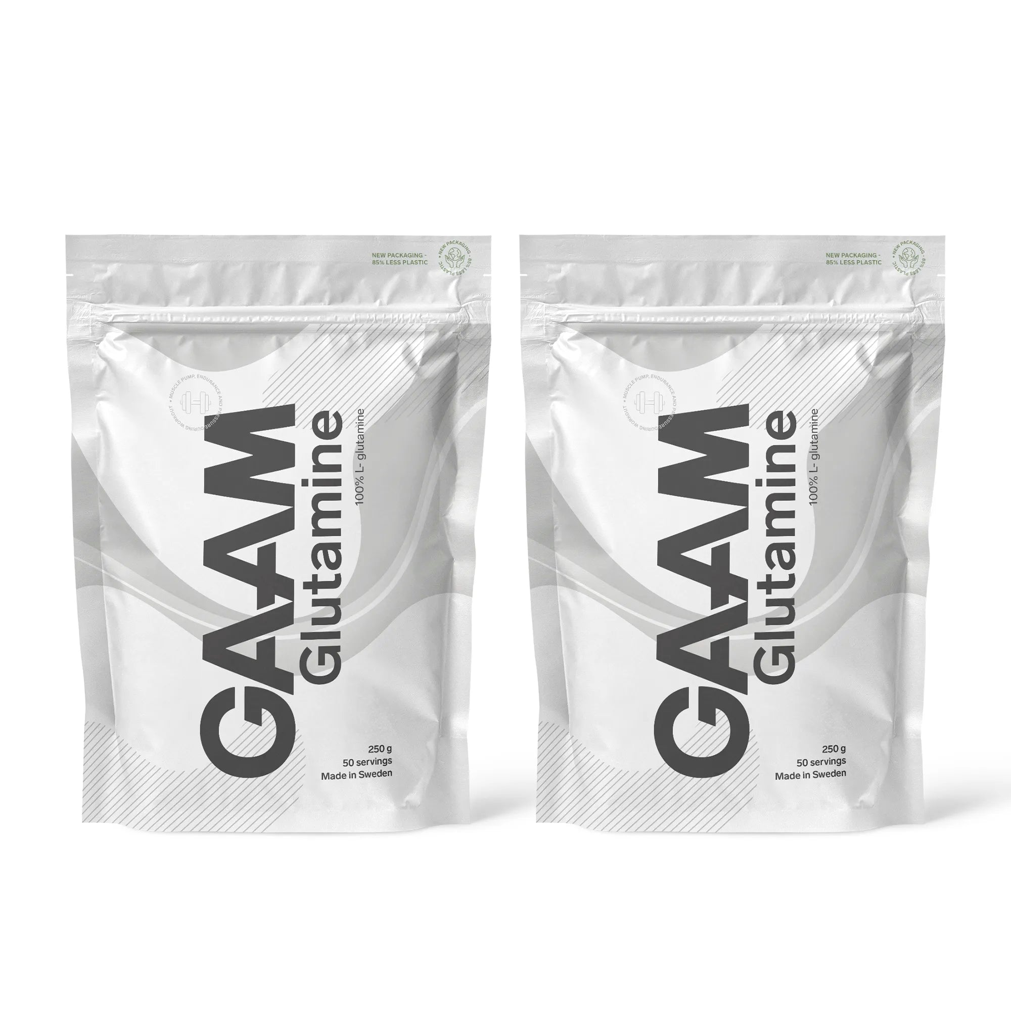2 x GAAM Glutamine 250 g aminosyror i två vita påsar med gråa detaljer.