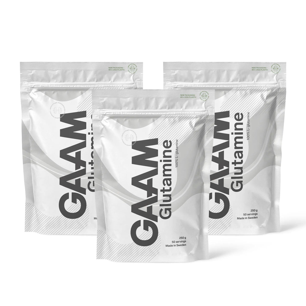 3 x GAAM Glutamine 250 g aminosyror i tre vita påsar med grå och svarta detaljer.