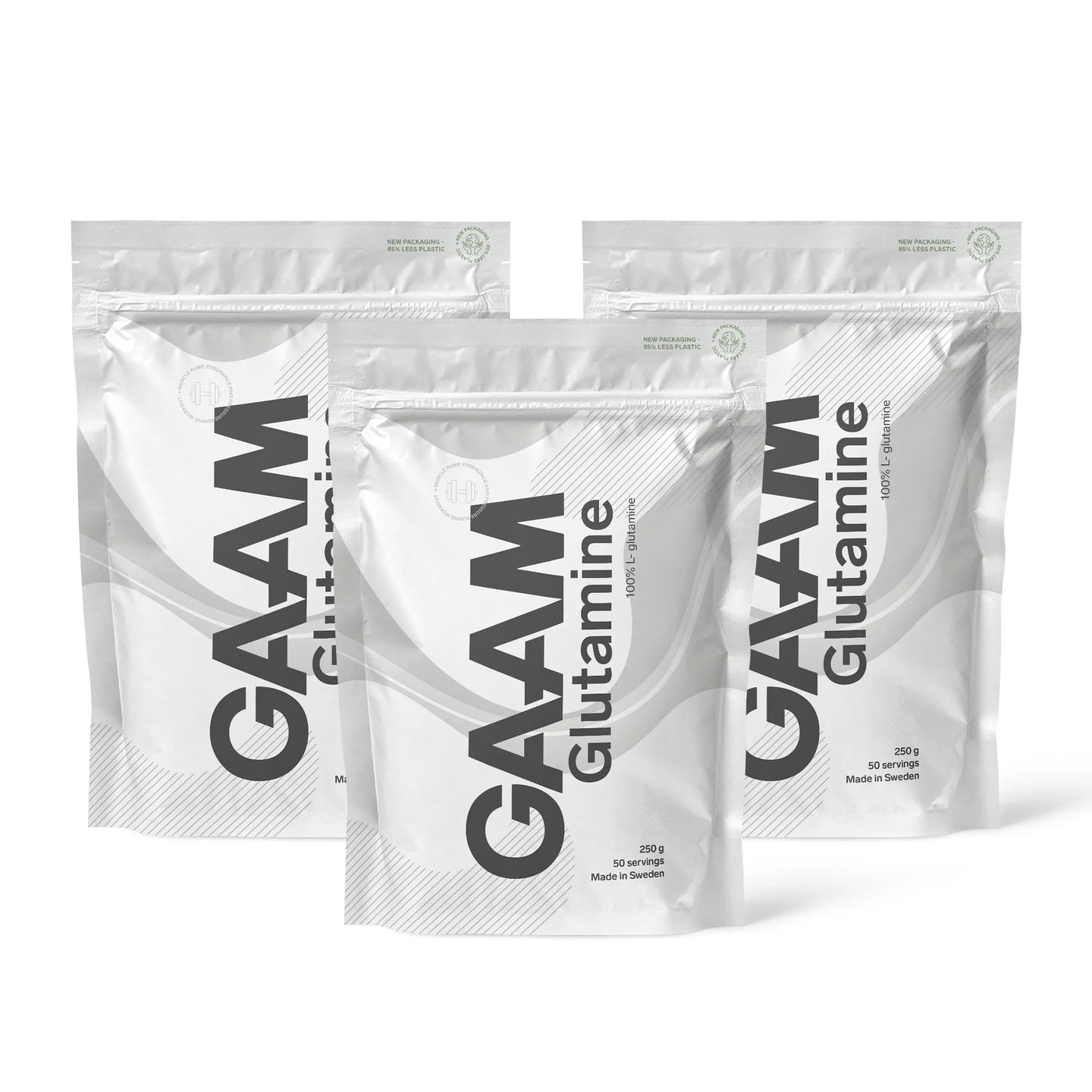 3 x GAAM Glutamine 250 g aminosyror i tre vita påsar med grå och svarta detaljer.