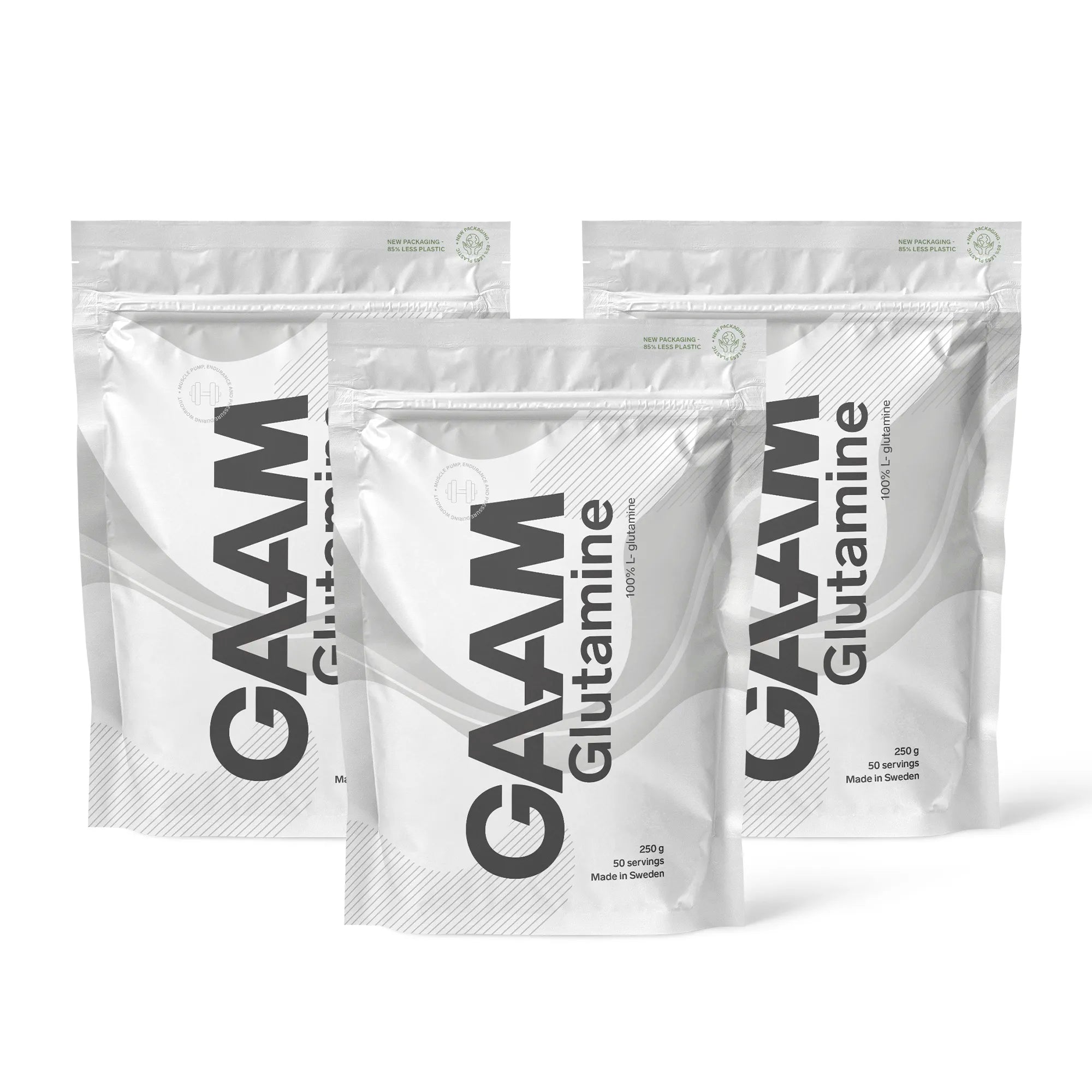 3 x GAAM Glutamine 250 g aminosyror i tre vita påsar med grå och svarta detaljer.
