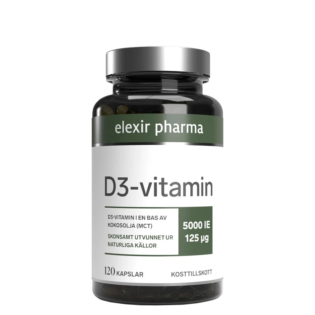 Elexir Pharma D3-Vitamin 5000IE 120 caps i en mörk burk med silverlock och vit etikett med gröna detaljer.