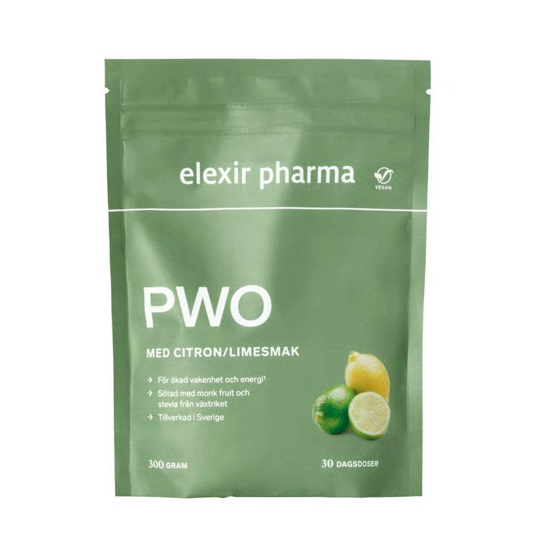 Elexir Pharma PWO 300 g i en grön påse med vit text och illustration av citron och lime.