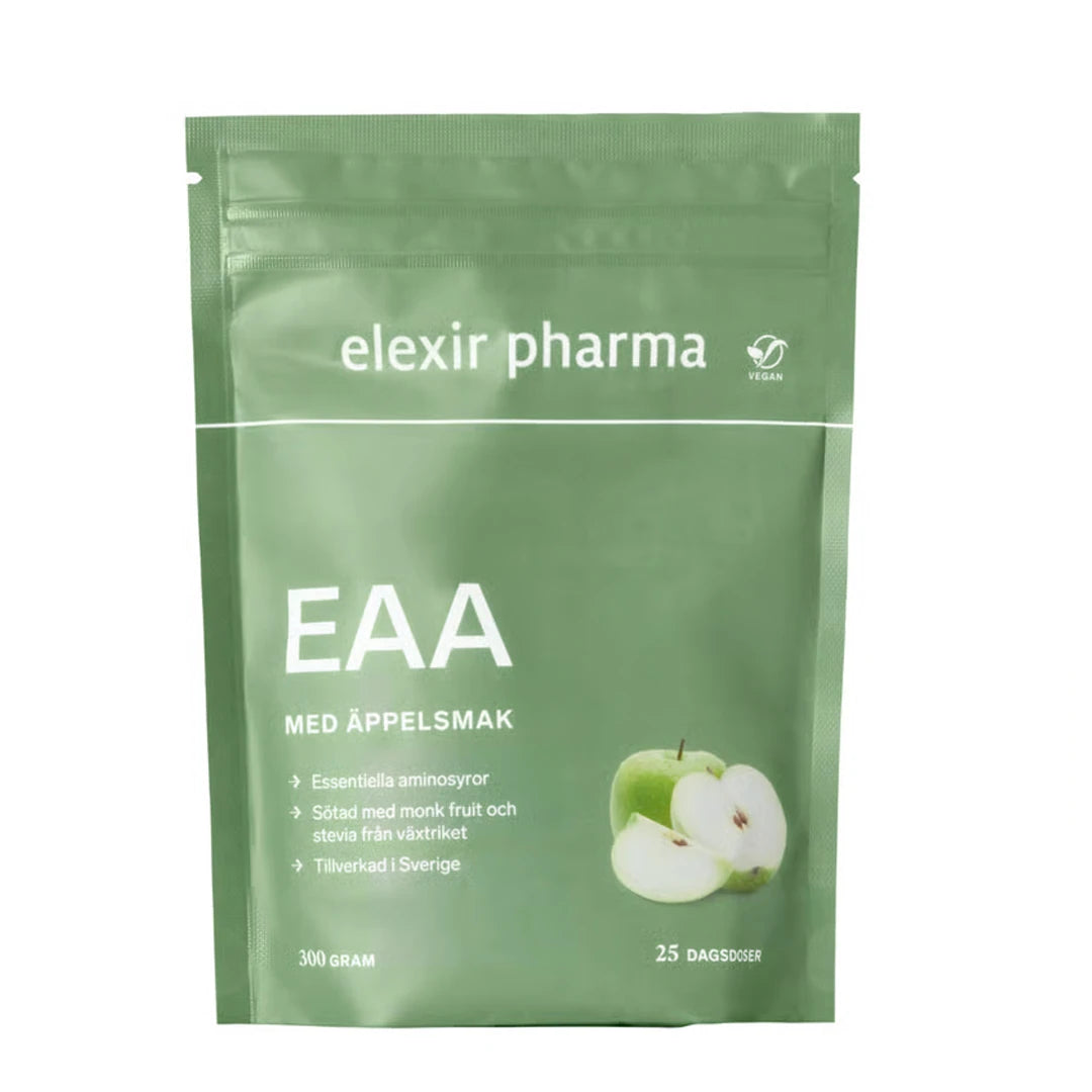 Elexir Pharma EAA 300 g veganska aminosyror i pulverform, förpackad i en grön påse med äppelsmak.