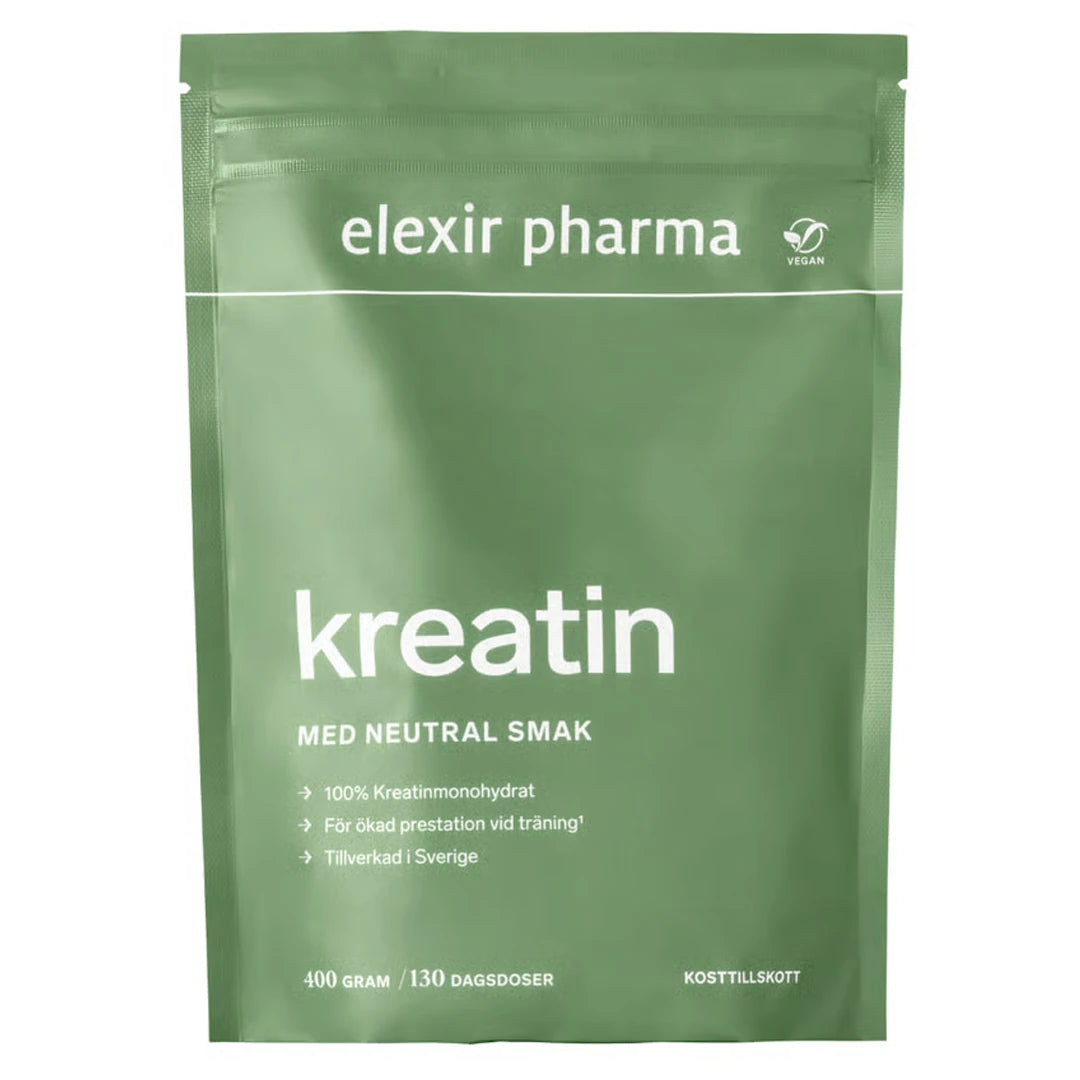 Elexir Pharma Kreatin 400 g Naturell i en grön ståpåse med vit text, ett rent kreatinmonohydrat utan tillsatser.