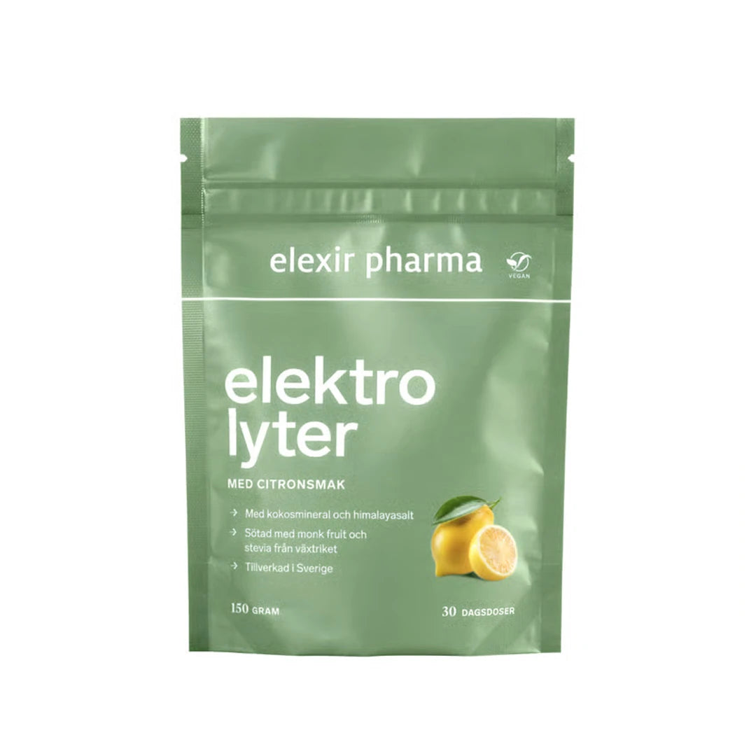 Elexir Pharma Elektrolyter 150 g elektrolytpulver i en ljusgrön påse med motiv av citroner.