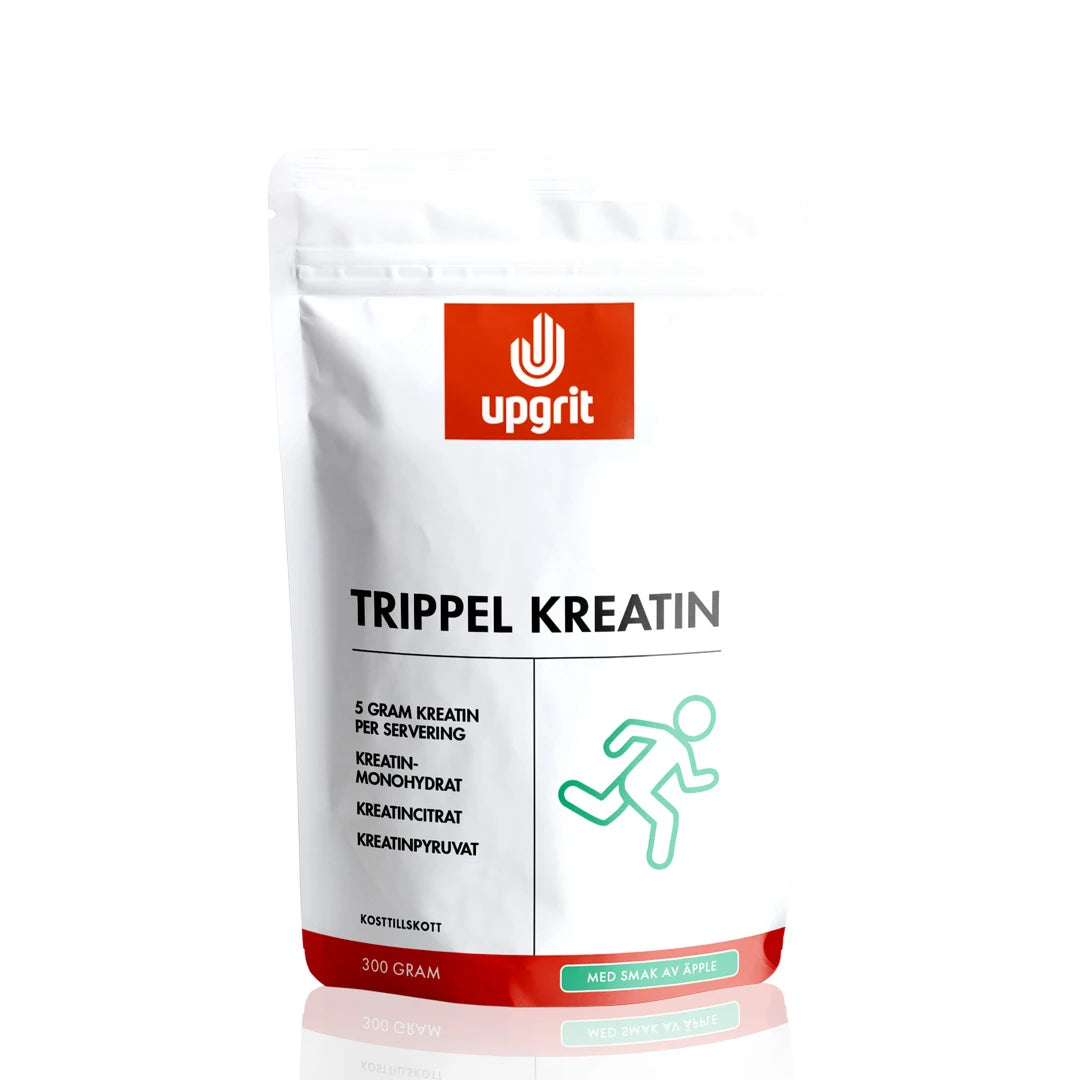 Upgrit Trippel Kreatin 300 g pulver i en vit stående påse med röda och gröna detaljer samt en grön figur.