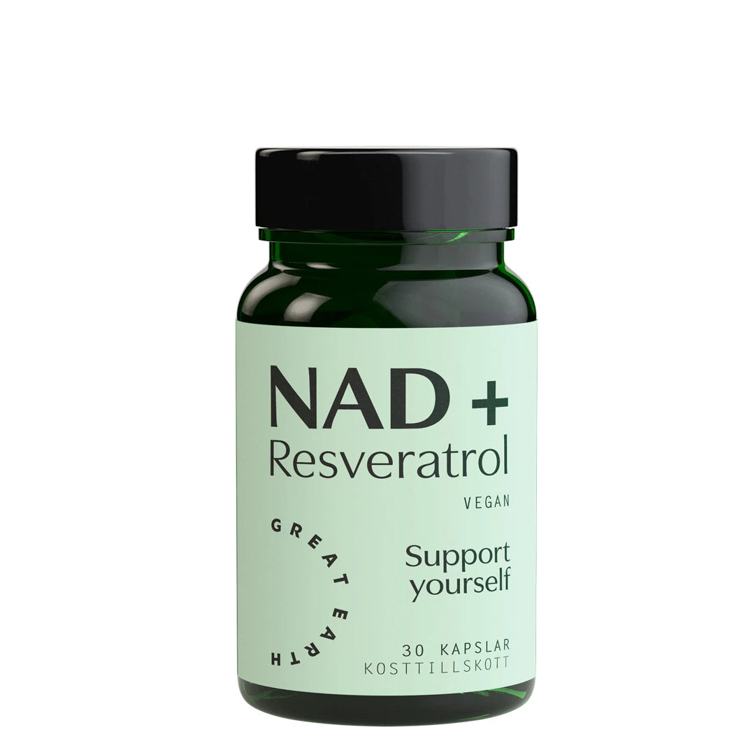 Great Earth NAD+ Resveratrol 30 caps kosttillskott i en mörkgrön burk med ljusgrön etikett.