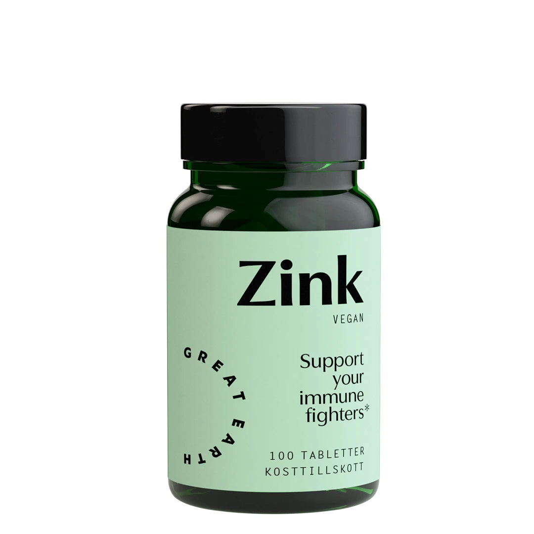 Great Earth Zink 25 mg 100 tabs i en mörkgrön burk med svart lock och ljusgrön etikett.
