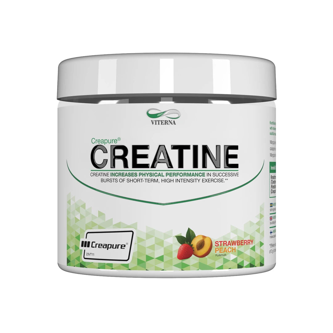 Viterna Creapure® 300 gr Strawberry Peach kreatin i en vit burk med gröna detaljer för smaken jordgubb och persika., bild 3 av 3