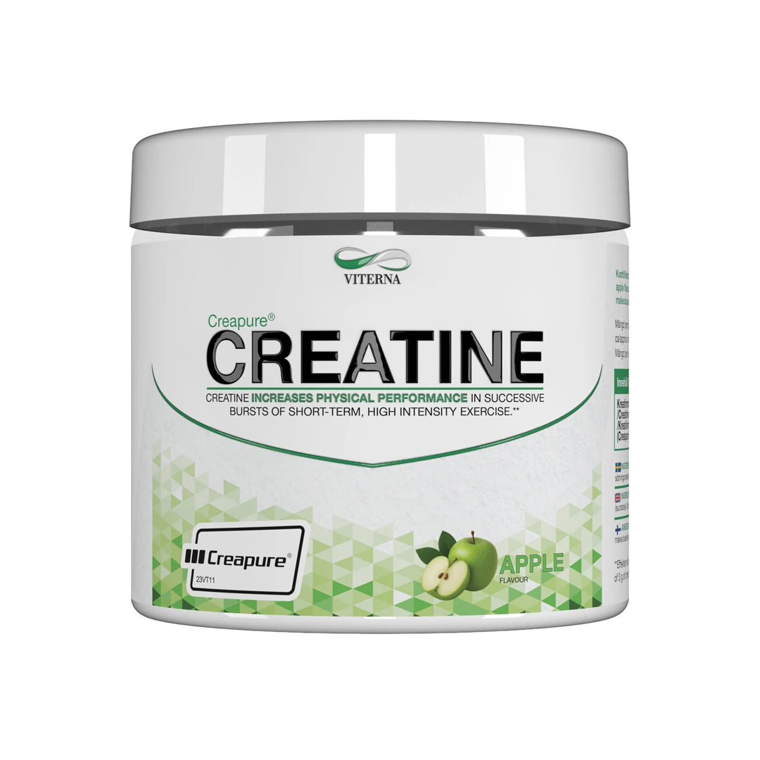 Viterna Creapure® 300 gr Strawberry Peach kreatinpulver i en vit burk med grönt mönster och äpplen på etiketten.