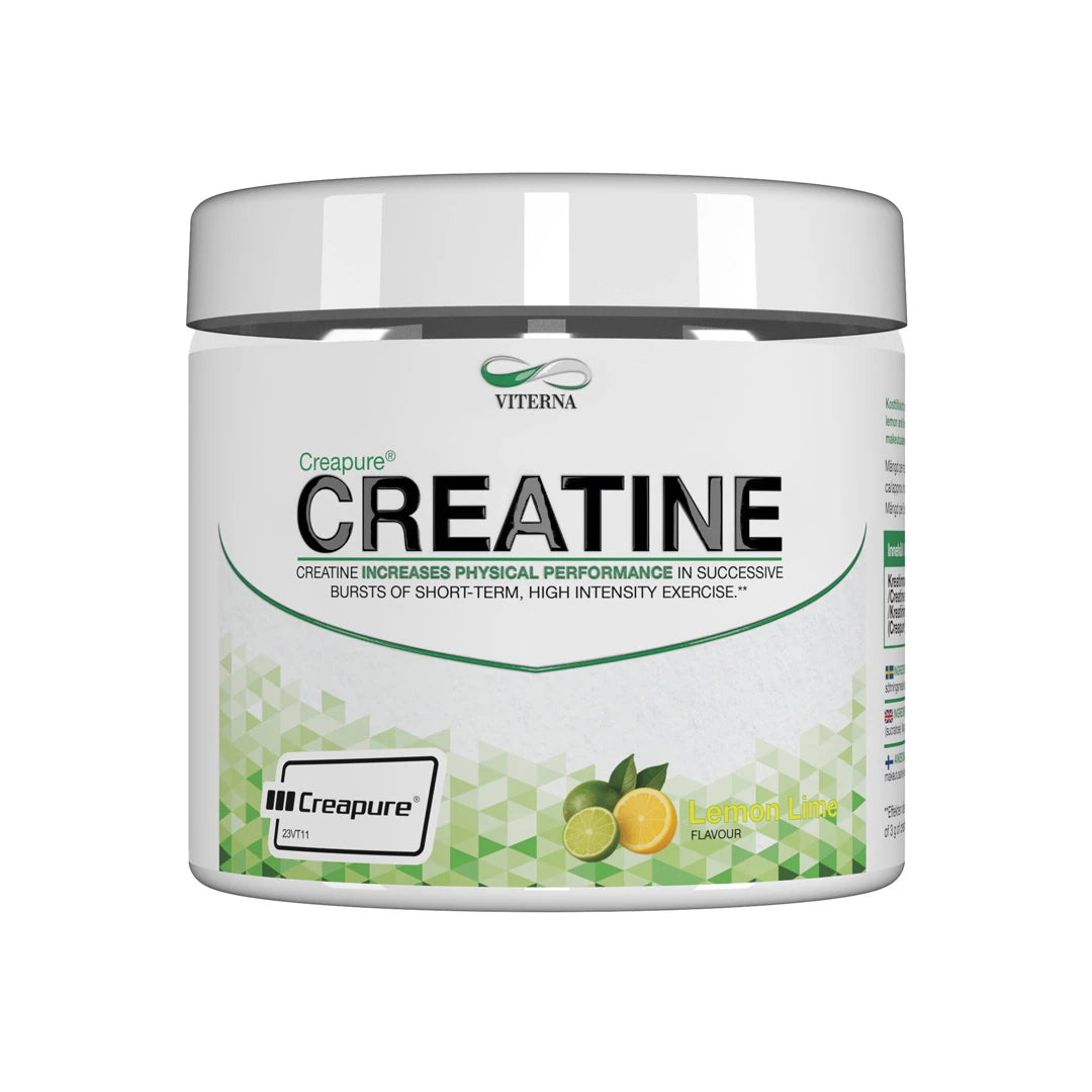 Viterna Creapure® Chewz 150 pcs kreatintabletter i en vit burk med gröna detaljer för smaken Lemon Lime.