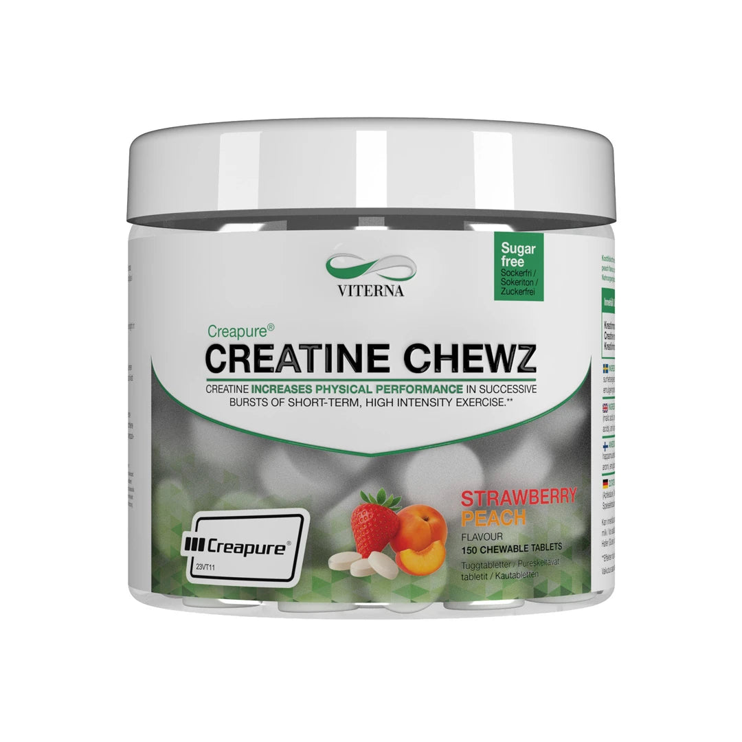 Viterna Creapure® Chewz 150 pcs kreatintuggtabletter i en vit burk med smak av Strawberry Peach.