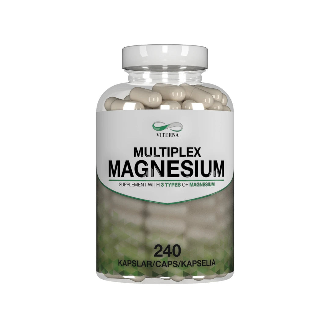 Viterna Multiplex Magnesium 240 caps kosttillskott i en genomskinlig burk med vit etikett och gröna detaljer.
