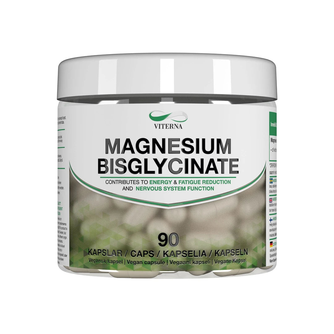 Viterna Magnesium bisglycinate 90 caps i en transparent burk med vit lock och etikett med svarta och gröna detaljer.
