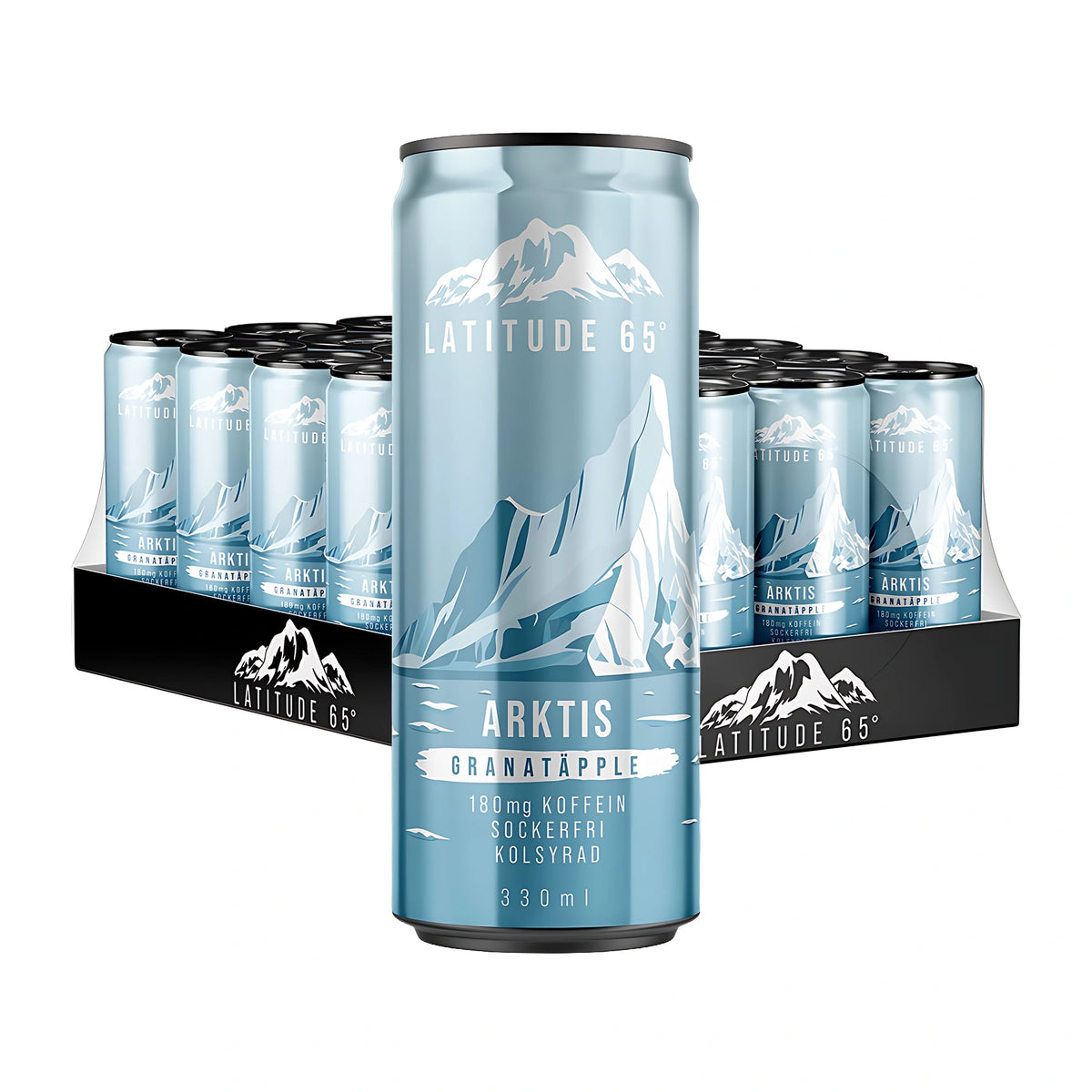 24 x Latitude 65 330 ml Arktis - Granatäpple på ett flak med ljusblå burkar dekorerade med bergsmotiv., bild 1 av 1
