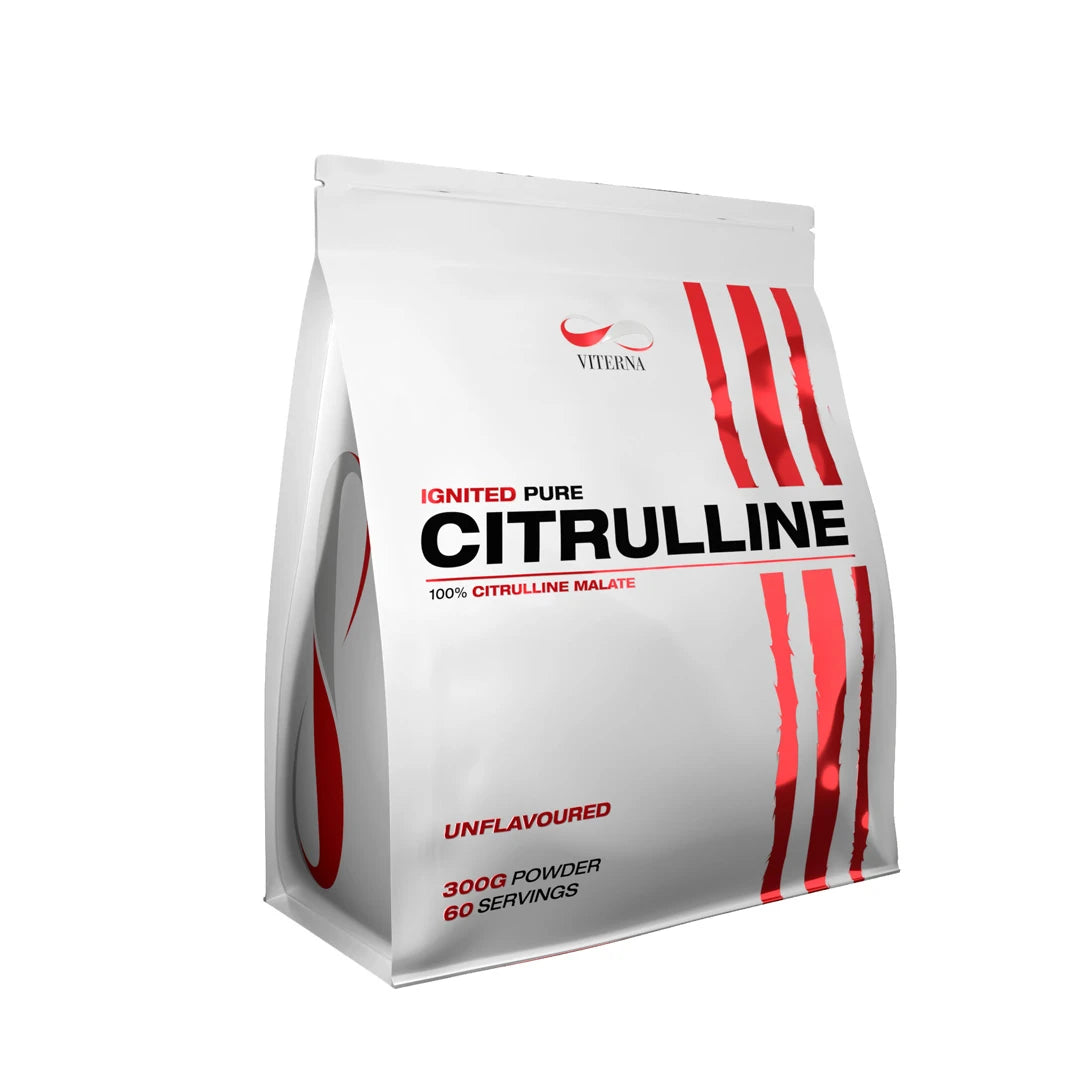Viterna Citruline Malate Powder 300 g aminosyror förpackad i en vit påse med röda detaljer och naturell smak.