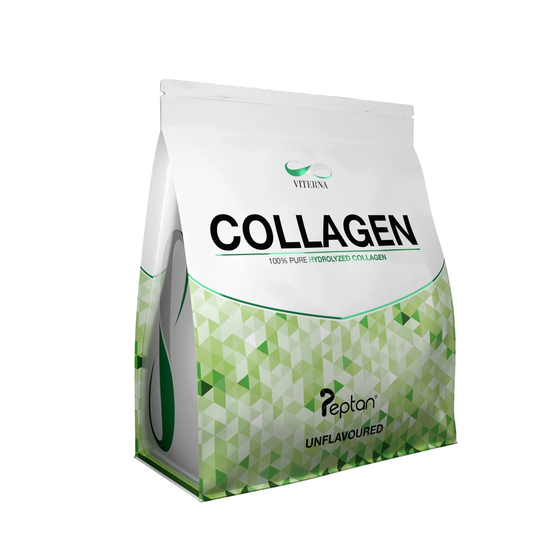 Viterna Pure Collagen - Peptan® 400 g naturellt kollagen i en vit påse med grönt geometriskt mönster.