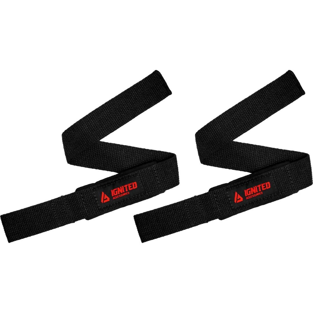 Ett par svarta Ignited Classic Padded Lifting Straps Black i slitstarkt material med röd logotyp för tunga lyft.