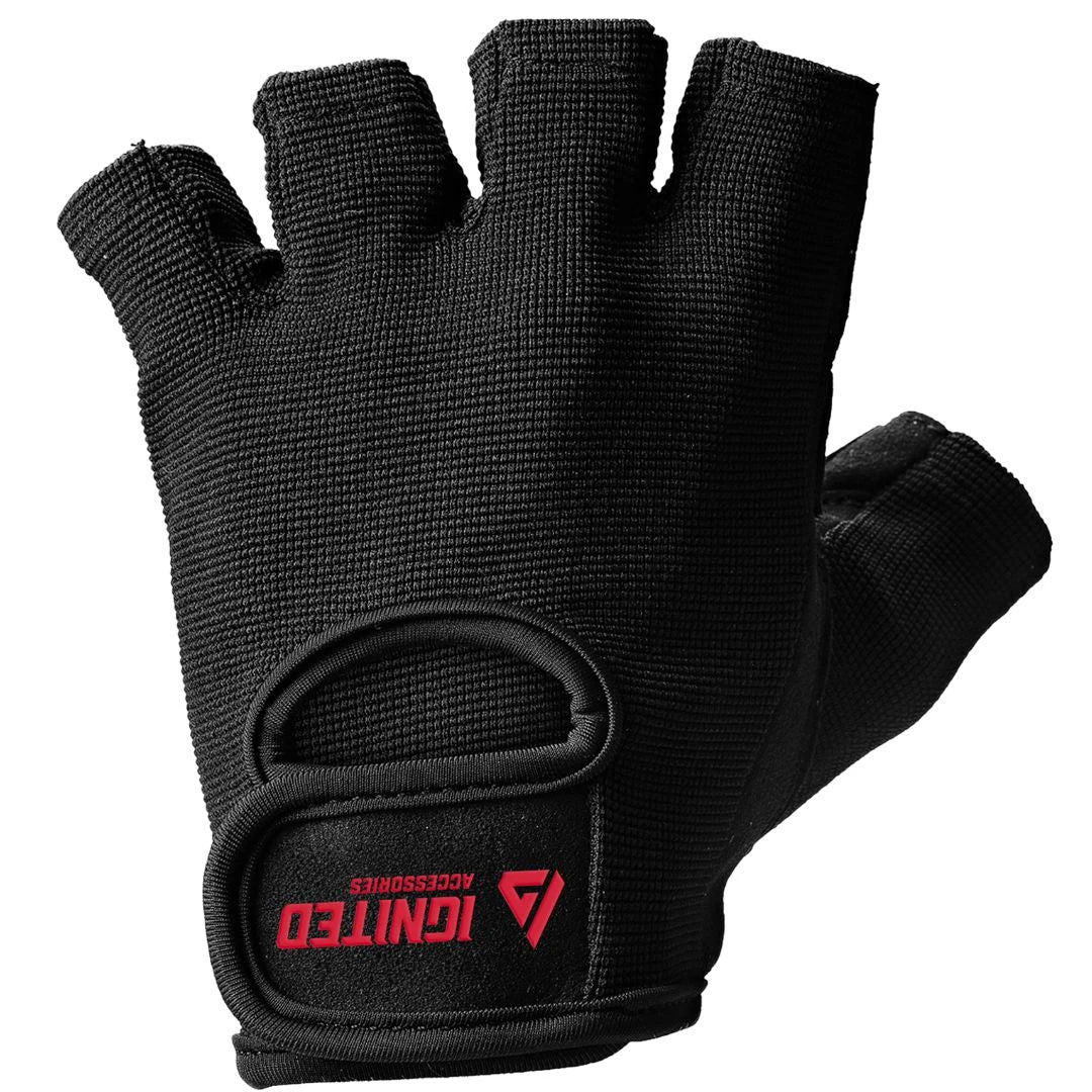 Svart träningshandske Ignited Classic Lifting Gloves Black med ovansida i mesh och röd logga på kardborrebandet.