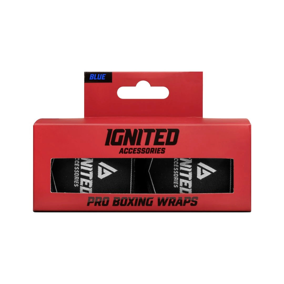 Ignited Boxing Hand Wraps Deep Blue 2.5 förpackade i en röd ask med märkningen Pro Boxing Wraps.