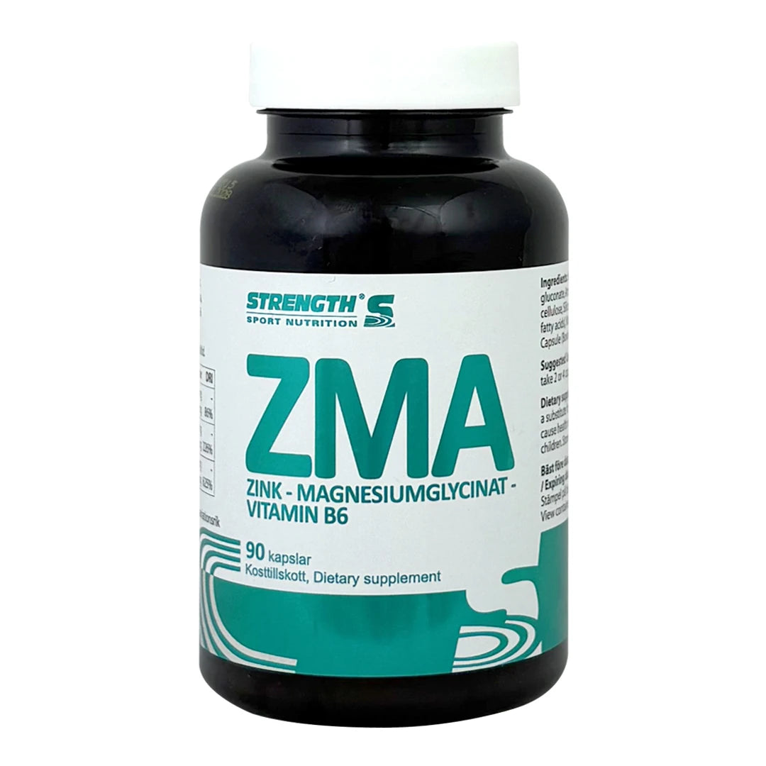Strength Sport Nutrition ZMA 90 caps kosttillskott i en svart burk med vit och grön etikett.
