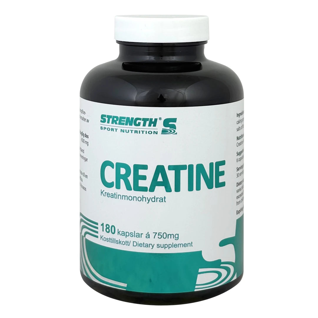 Strength Sport Nutrition Kreatin 180 caps i en svart plastburk med vitt lock och grönvit etikett.