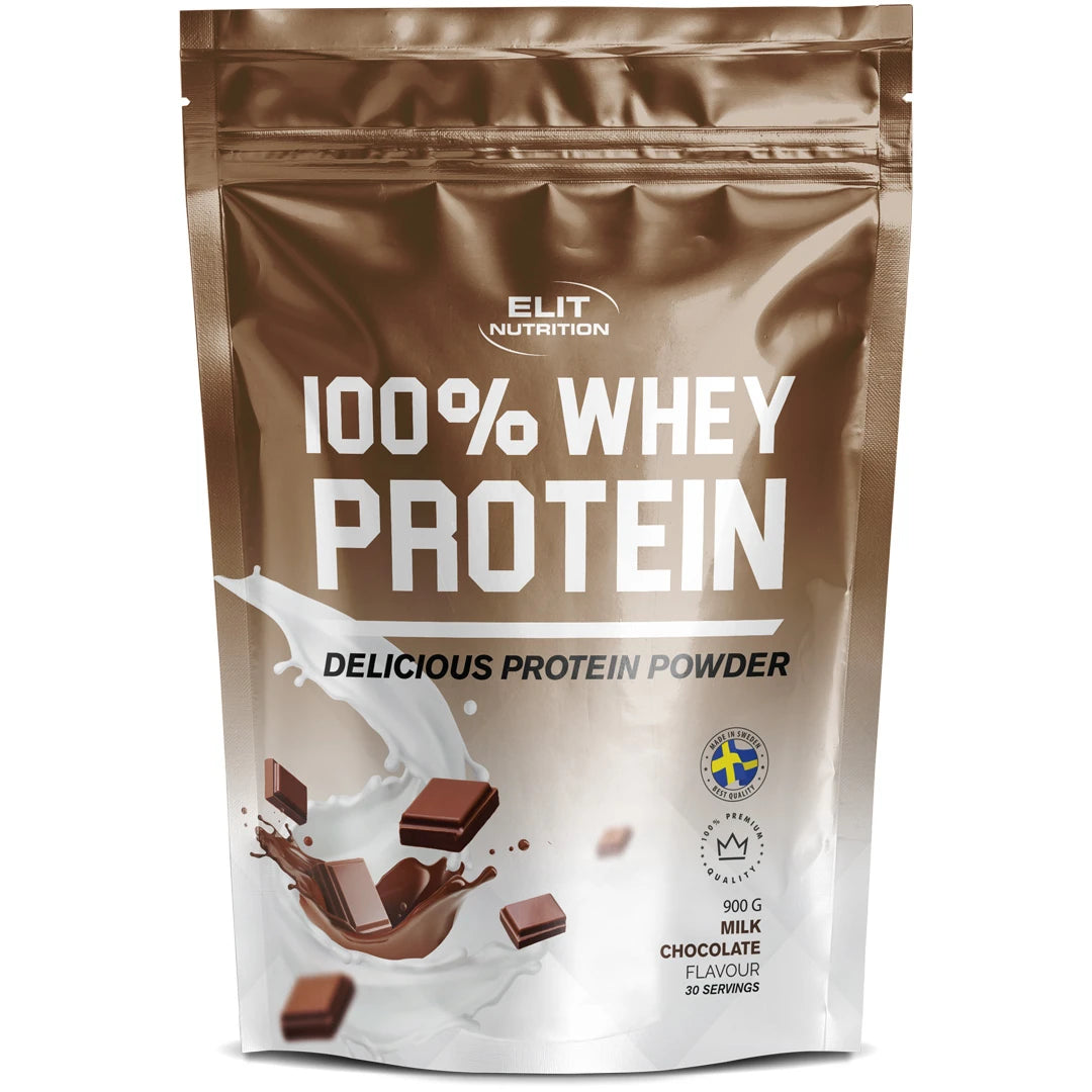 Elit Nutrition 100% Whey Protein 900 g i en brun och vit påse med chokladbitar för smaken Milk Chocolate.
