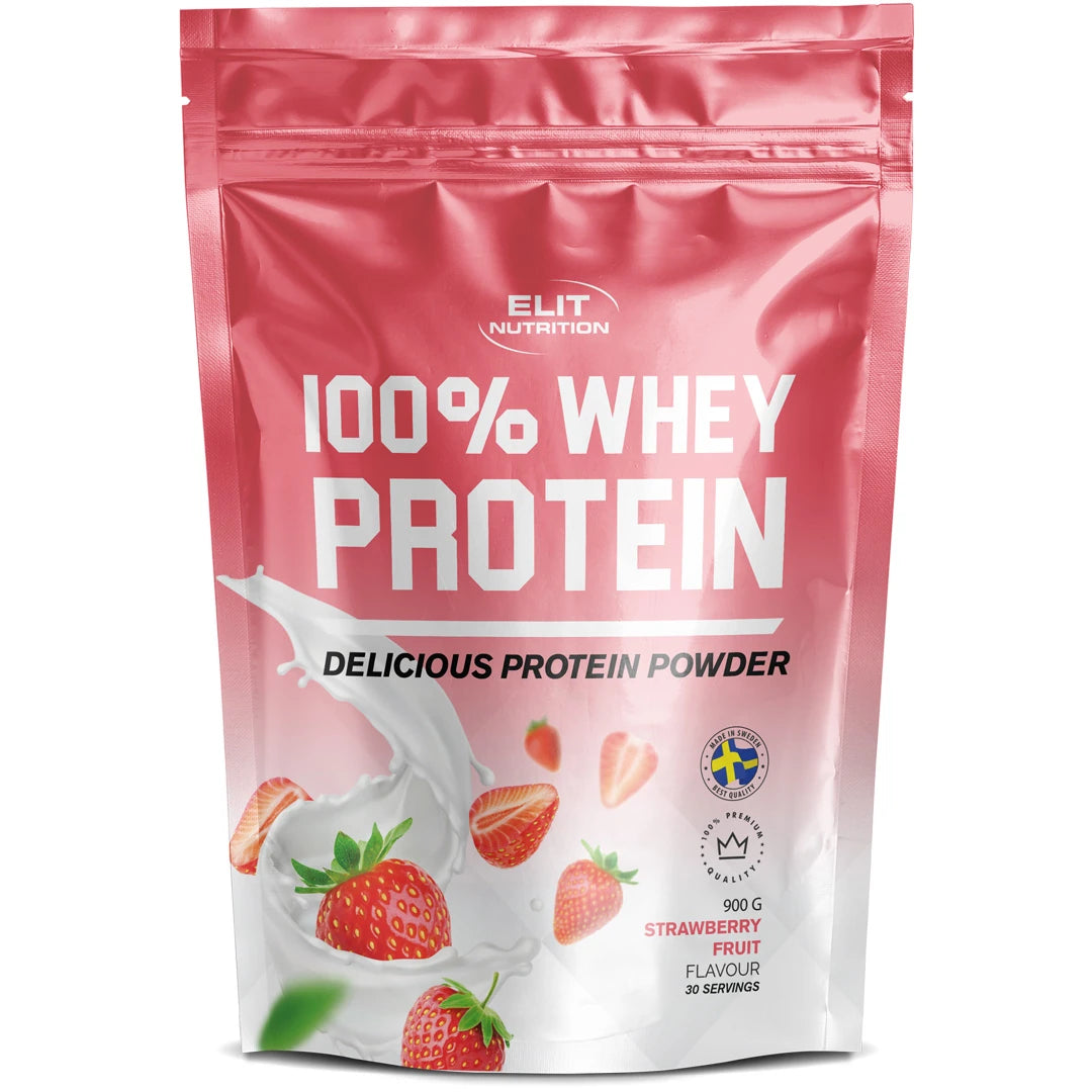 Elit Nutrition 100% Whey Protein 900 g proteinpulver i en rosa påse med jordgubbar för smaken Strawberry Fruit.