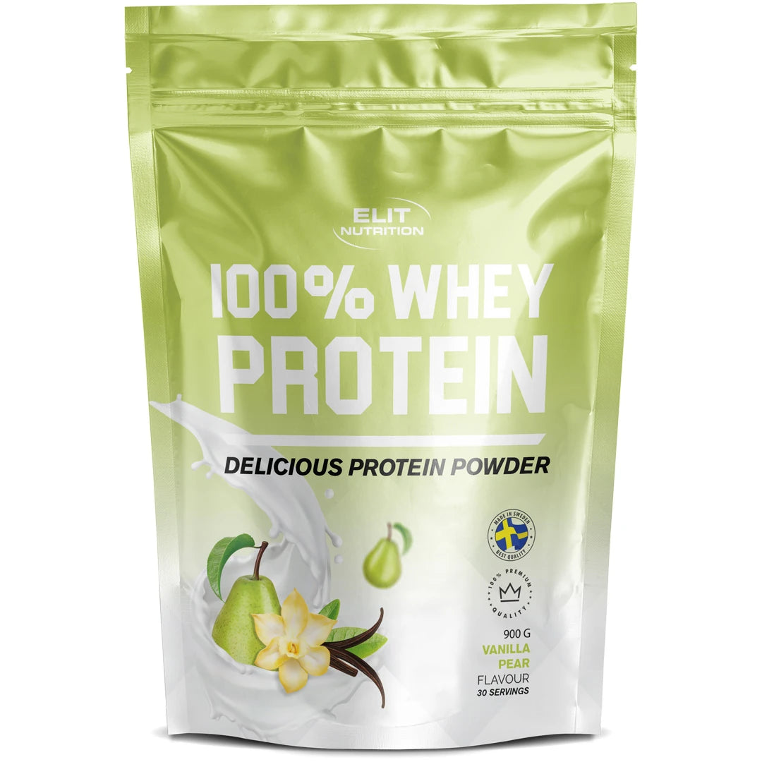 Elit Nutrition 100% Whey Protein 900 g proteinpulver i en ljusgrön påse för smaken Vanilla Pear., bild 3 av 6