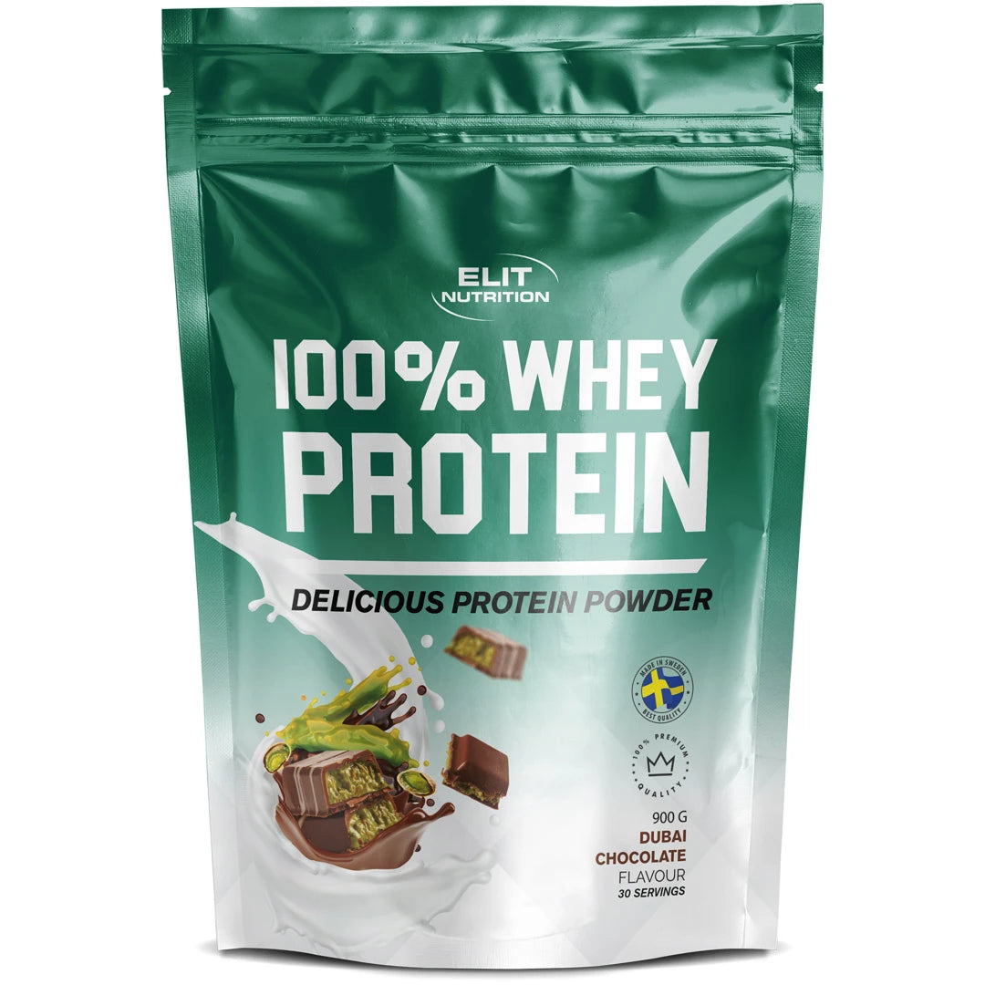 Elit Nutrition 100% Whey Protein 900 g proteinpulver i en grön påse för smaken Dubai Chocolate.