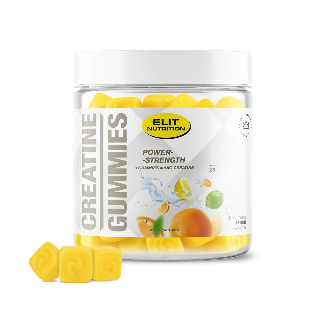 Elit Nutrition Creatine Gummies 60 pcs i en transparent burk fylld med gula godisar med citronsmak.