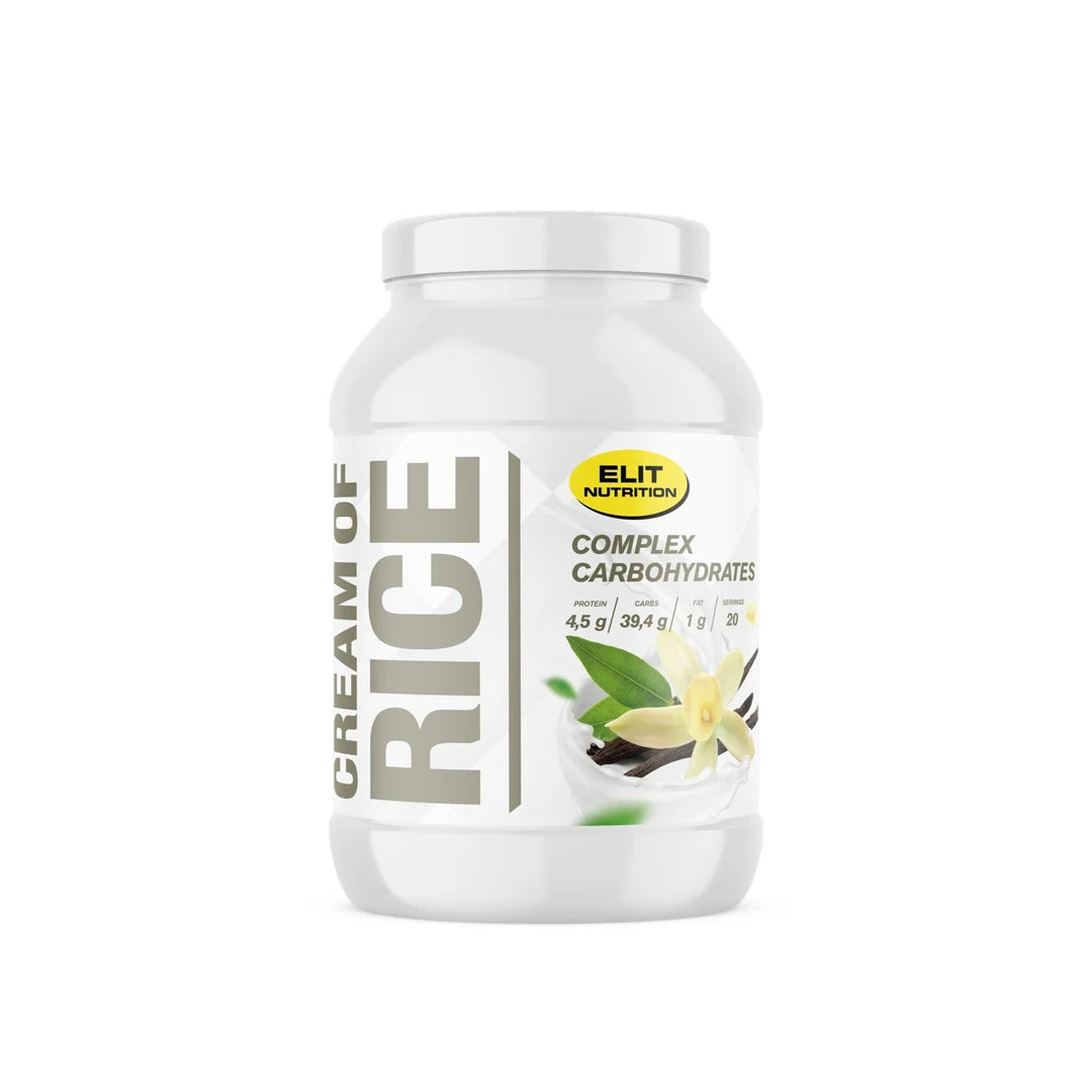 Elit Nutrition Cream of Rice 1 kg kolhydratspulver i en vit burk med motiv av en vaniljblomma.