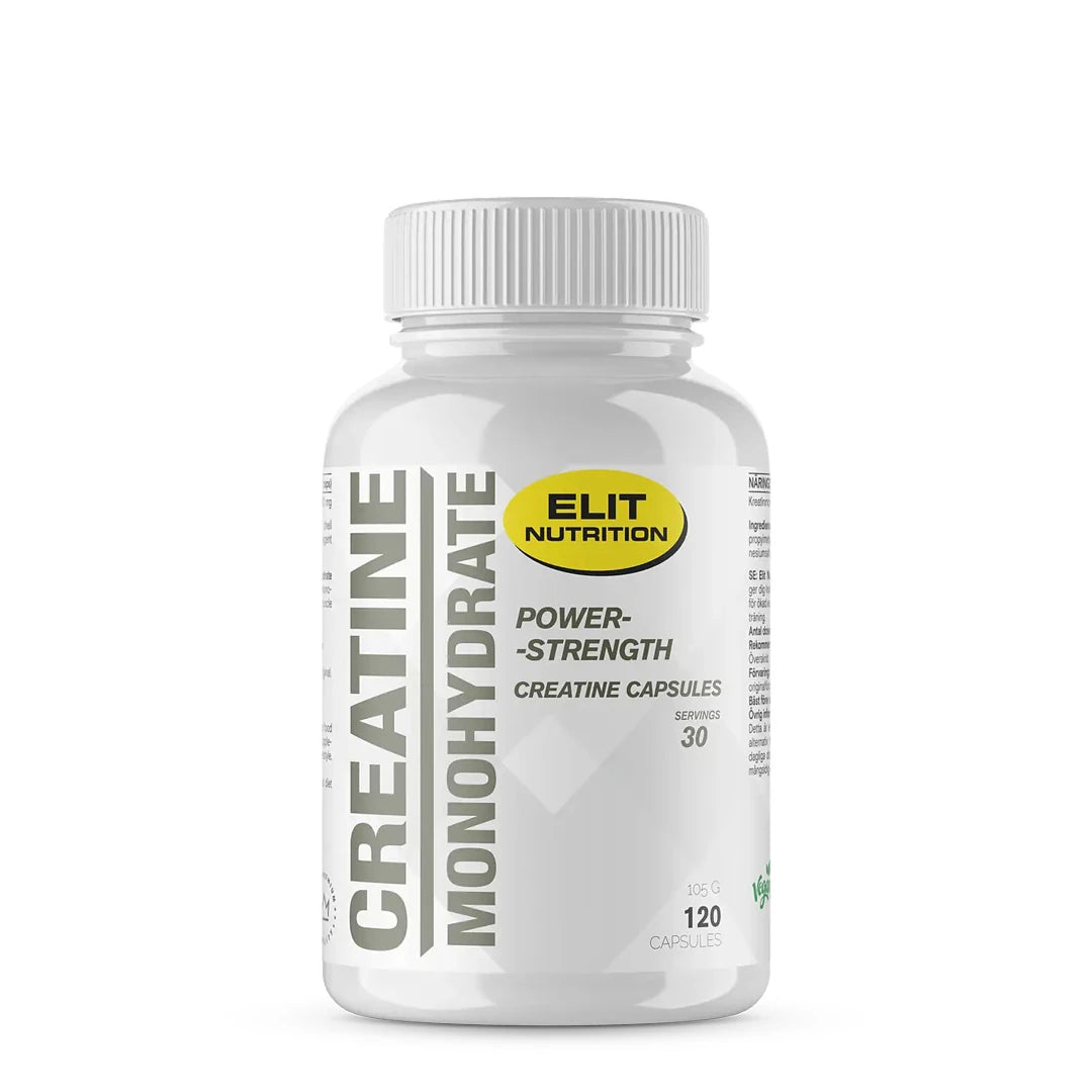 Elit Nutrition Creatine Monohydrate 120 caps i en vit plastburk med grå text och gul logotyp.