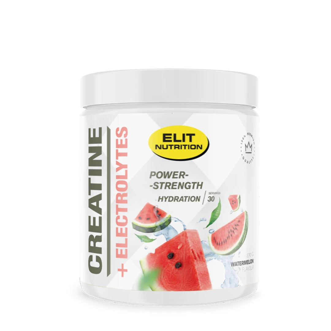 Elit Nutrition Creatine + Electrolytes 270 g i en vit burk med grafiska vattenmelonbitar som indikerar smaken Watermelon.