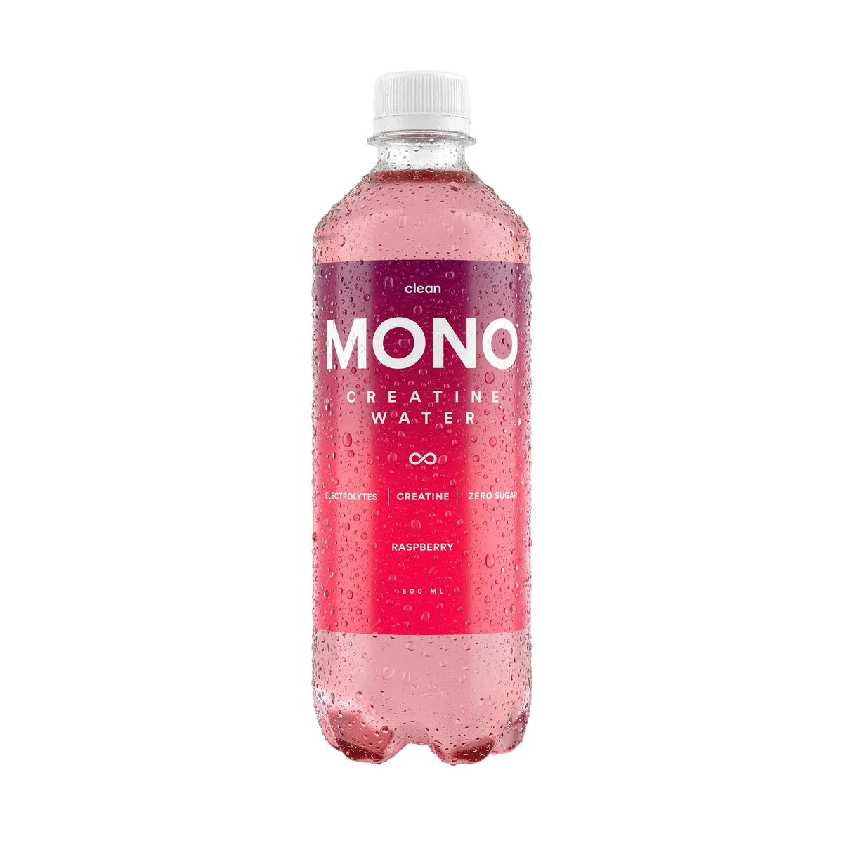 Clean MONO Creatine Water 500 ml drickfärdigt kreatinvatten i en transparent flaska med rosa och lila etikett för smaken Raspberry., bild 1 av 3