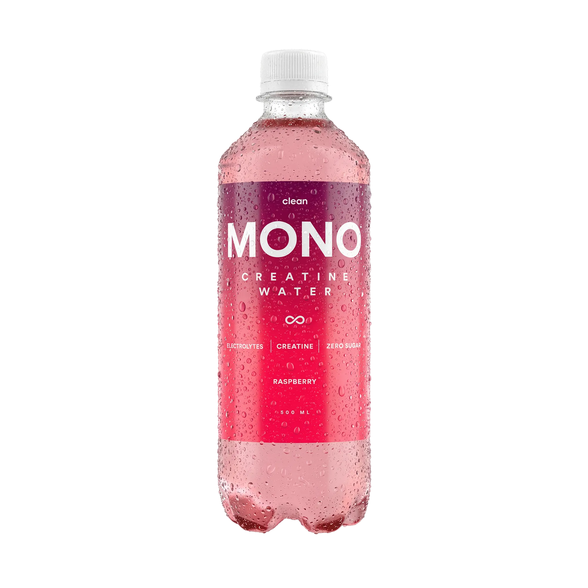 Clean MONO Creatine Water 500 ml drickfärdigt kreatinvatten i en transparent flaska med rosa och lila etikett för smaken Raspberry., bild 1 av 3