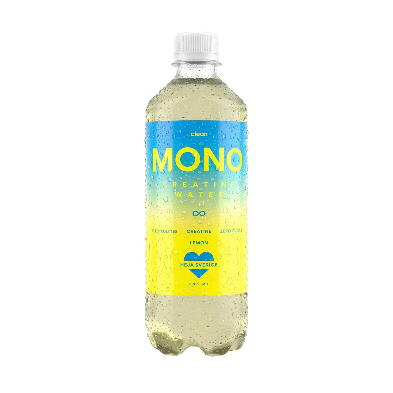 Clean MONO Creatine Water 500 ml i en genomskinlig flaska med blå och gul etikett för smaken Lemon.