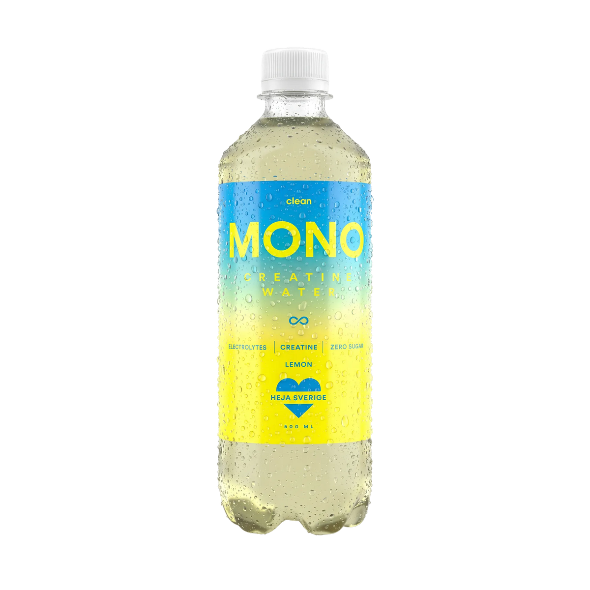 Clean MONO Creatine Water 500 ml i en genomskinlig flaska med blå och gul etikett för smaken Lemon., bild 2 av 3