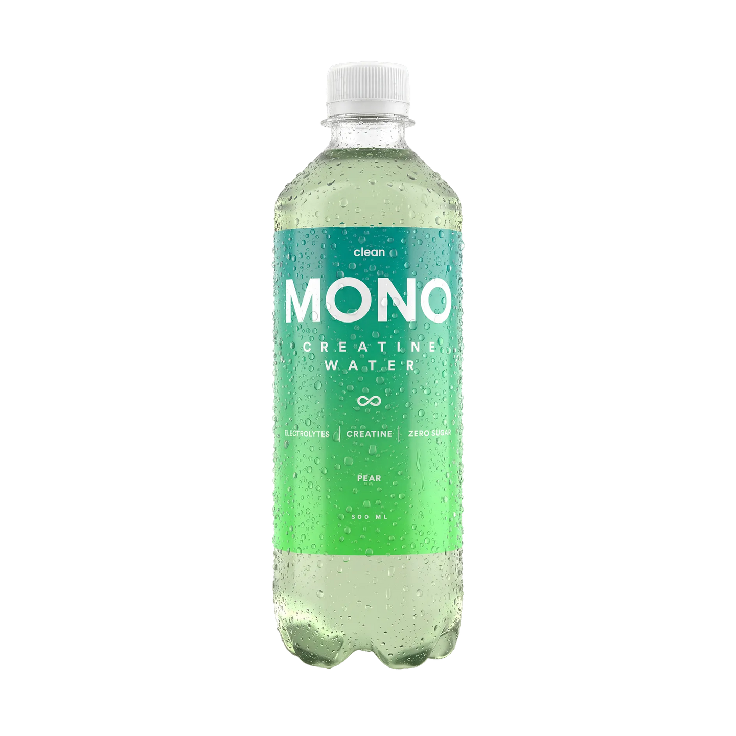 Clean MONO Creatine Water 500 ml drickfärdigt kreatinvatten i en transparent flaska med en turkos och grön etikett för smaken Pear., bild 3 av 3