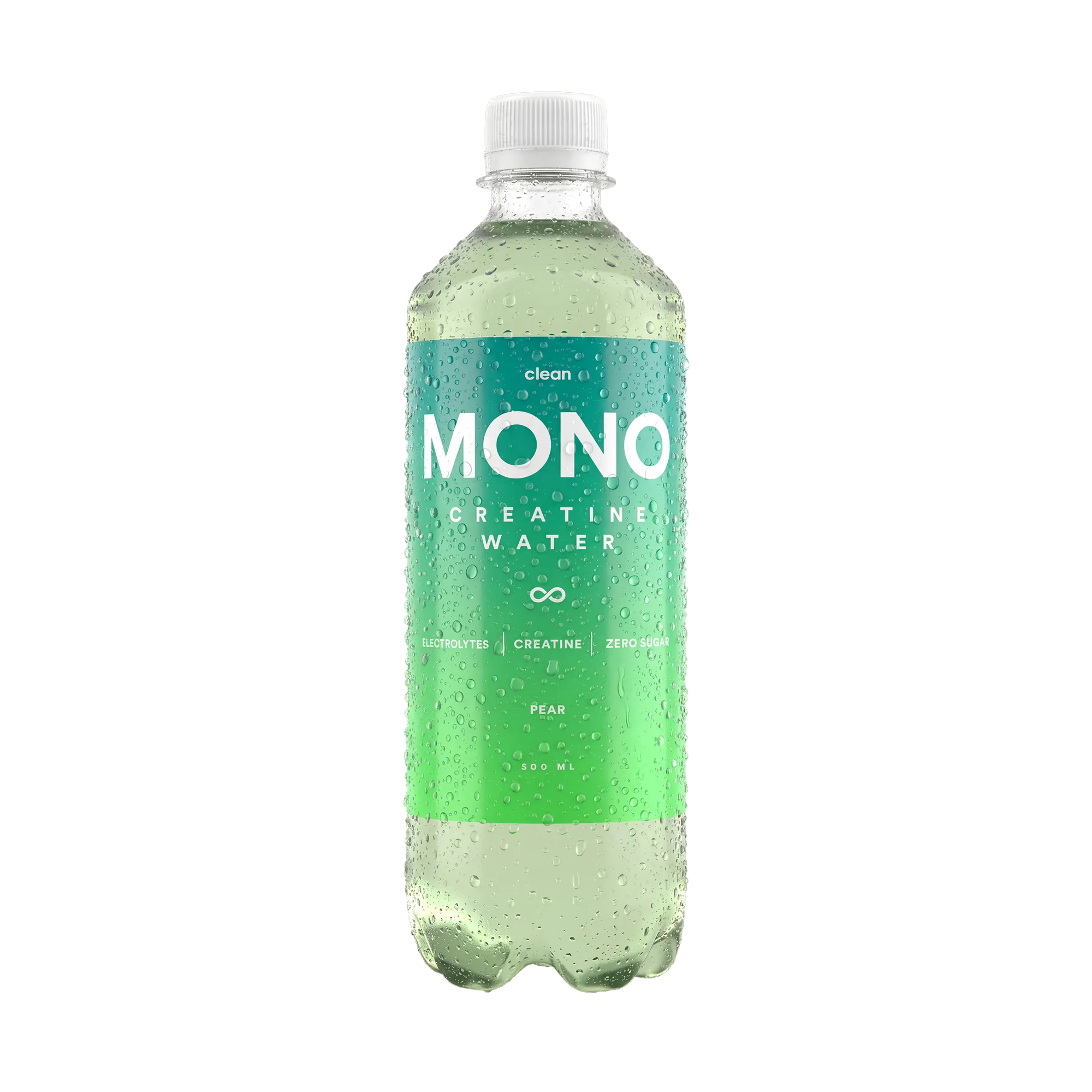 Clean MONO Creatine Water 500 ml drickfärdigt kreatinvatten i en transparent flaska med en turkos och grön etikett för smaken Pear., bild 3 av 3