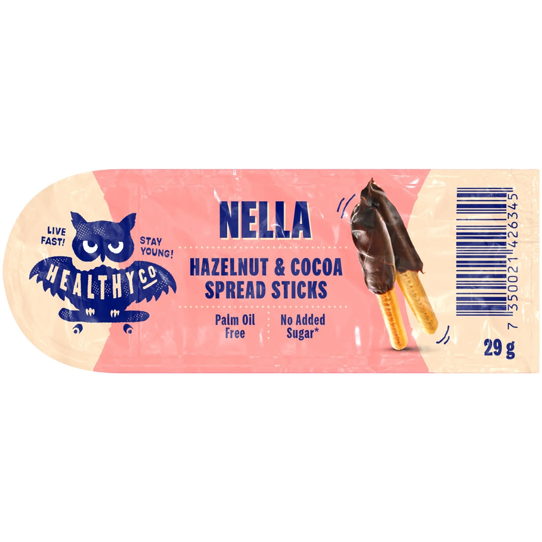 Healthyco NELLA 29 g snacks med hasselnöt och kakao i en rosa förpackning med chokladdoppade pinnar.