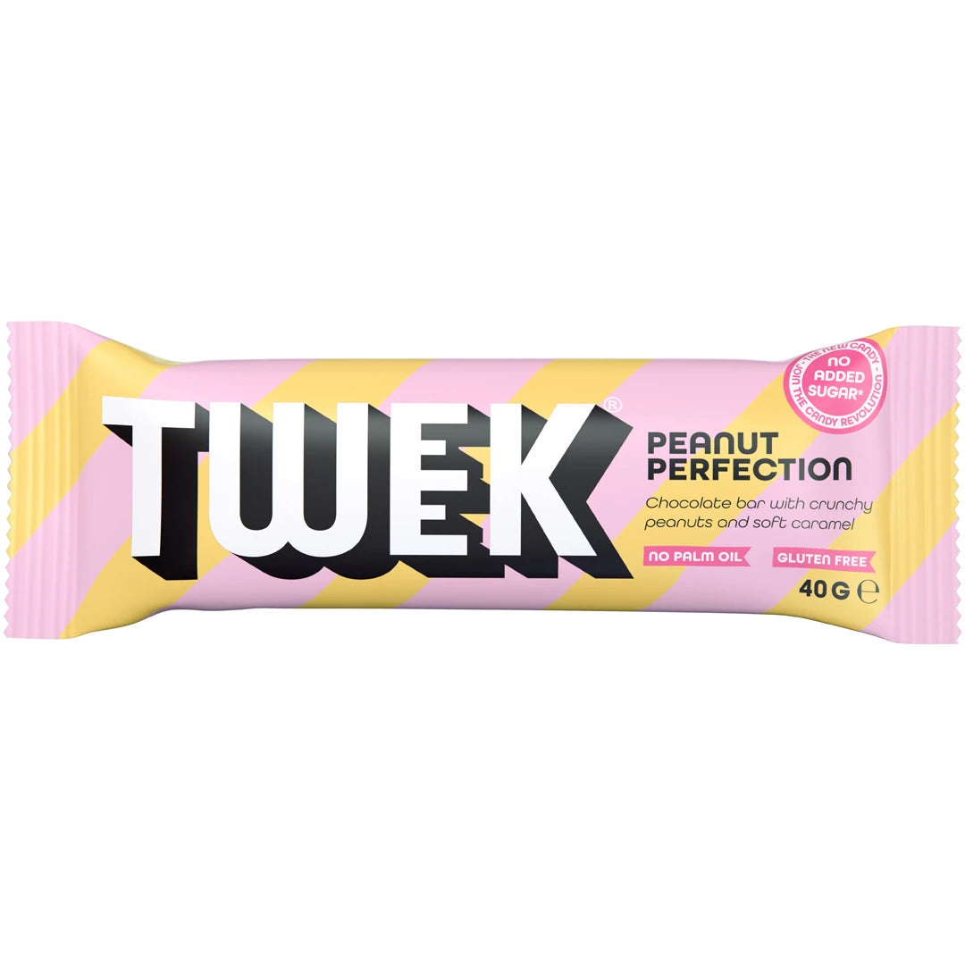 Tweek Sweets Bar 40 g chokladbar i smaken Peanut Perfection i ett gult och rosarandigt omslag., bild 1 av 3