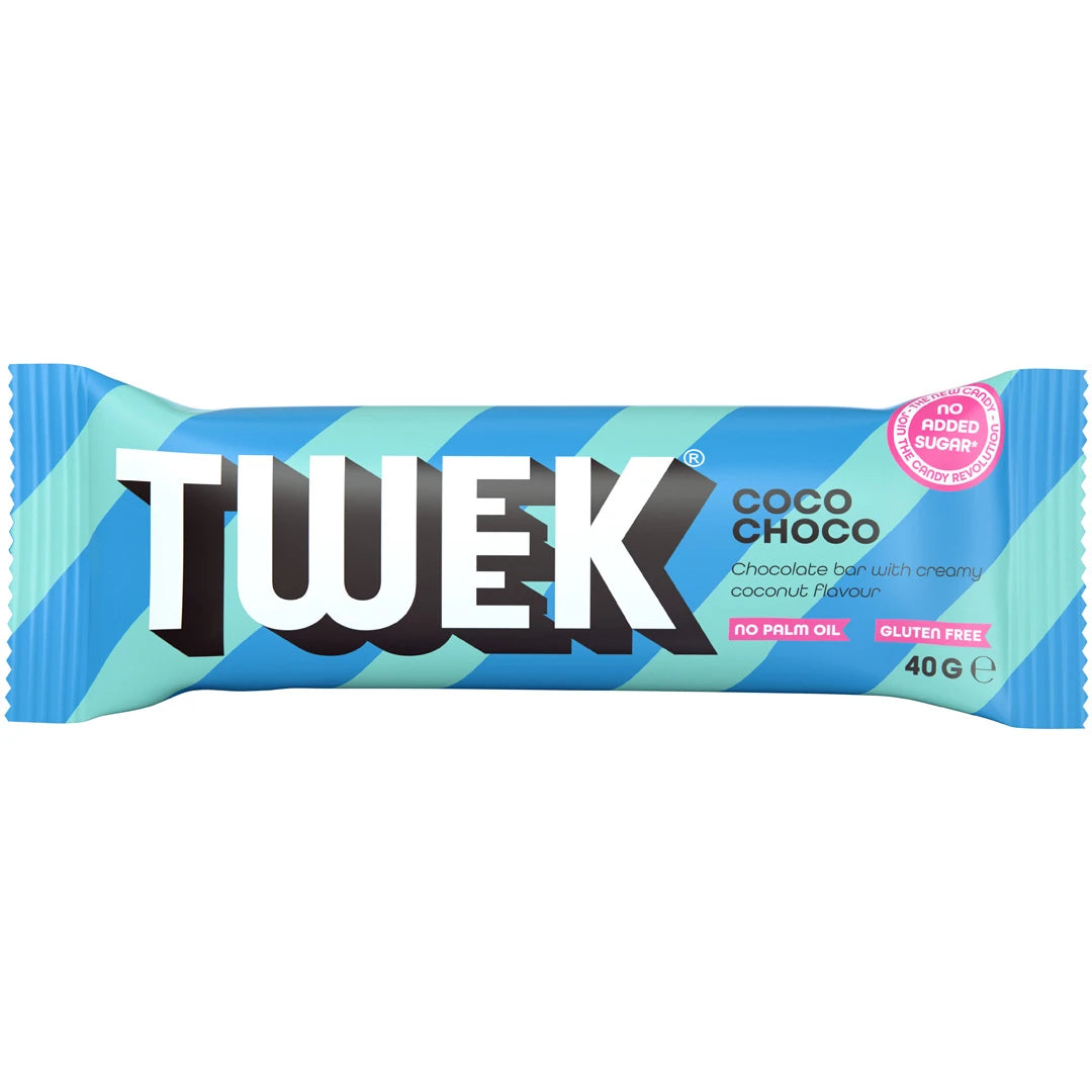 Tweek Sweets Bar 40 g chokladbar i en ljusblå och turkos randig förpackning med smaken Coco Choco.