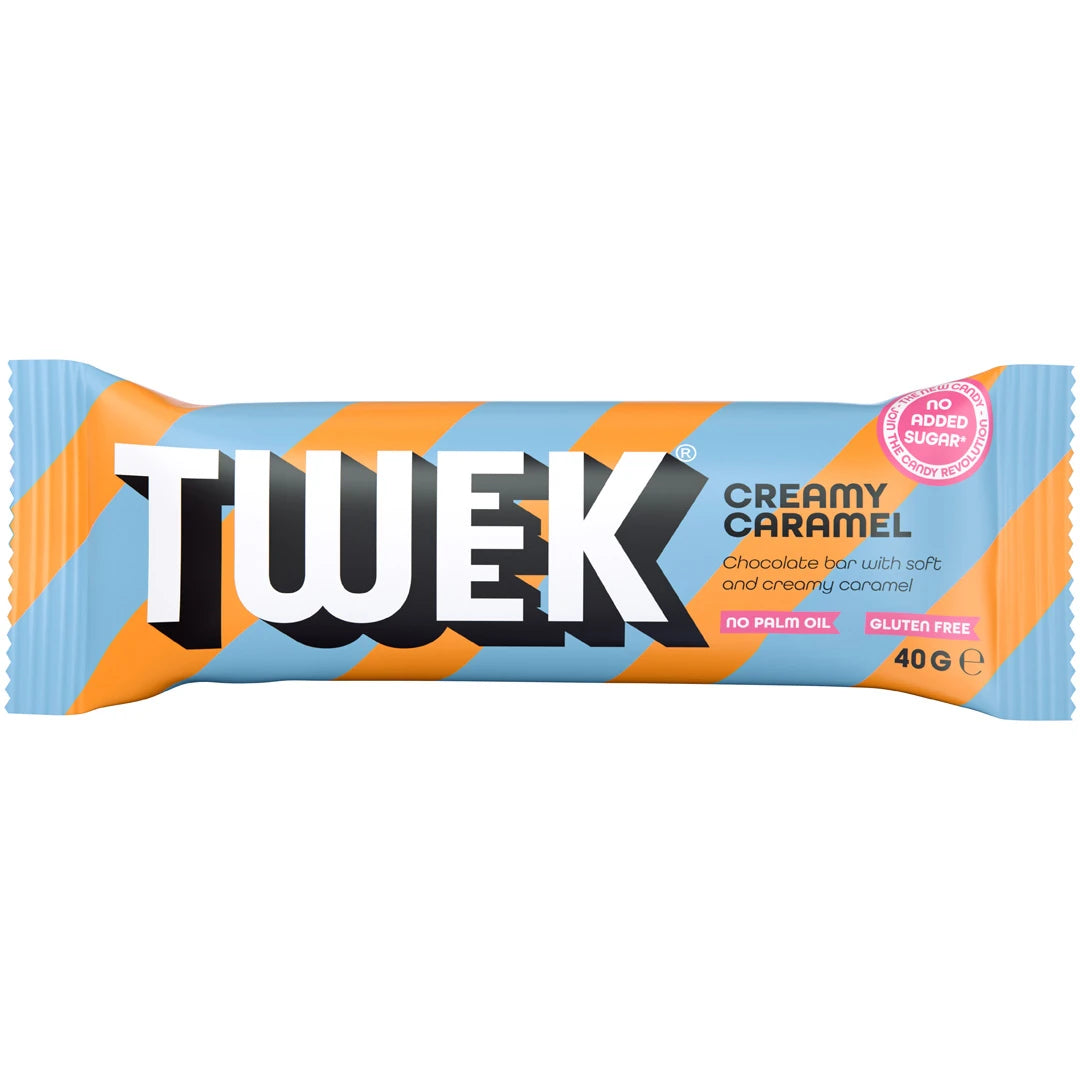 Tweek Sweets Bar 40 g chokladbar i smak av Creamy Caramel med ljusblå och orange randigt omslag.