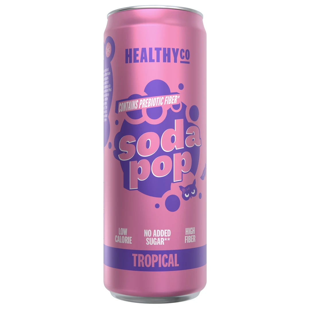 HealthyCo Soda Pop 330 ml sockerfri läsk i en rosa burk med lila detaljer och smaken Tropical.