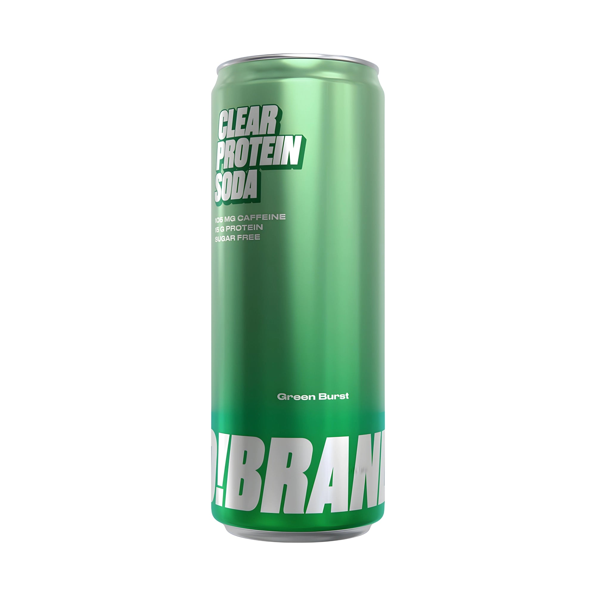 Pro Brands Clear Protein Soda 330 ml proteindryck i en grön metallburk med vit text för smaken Green Burst., bild 2 av 3